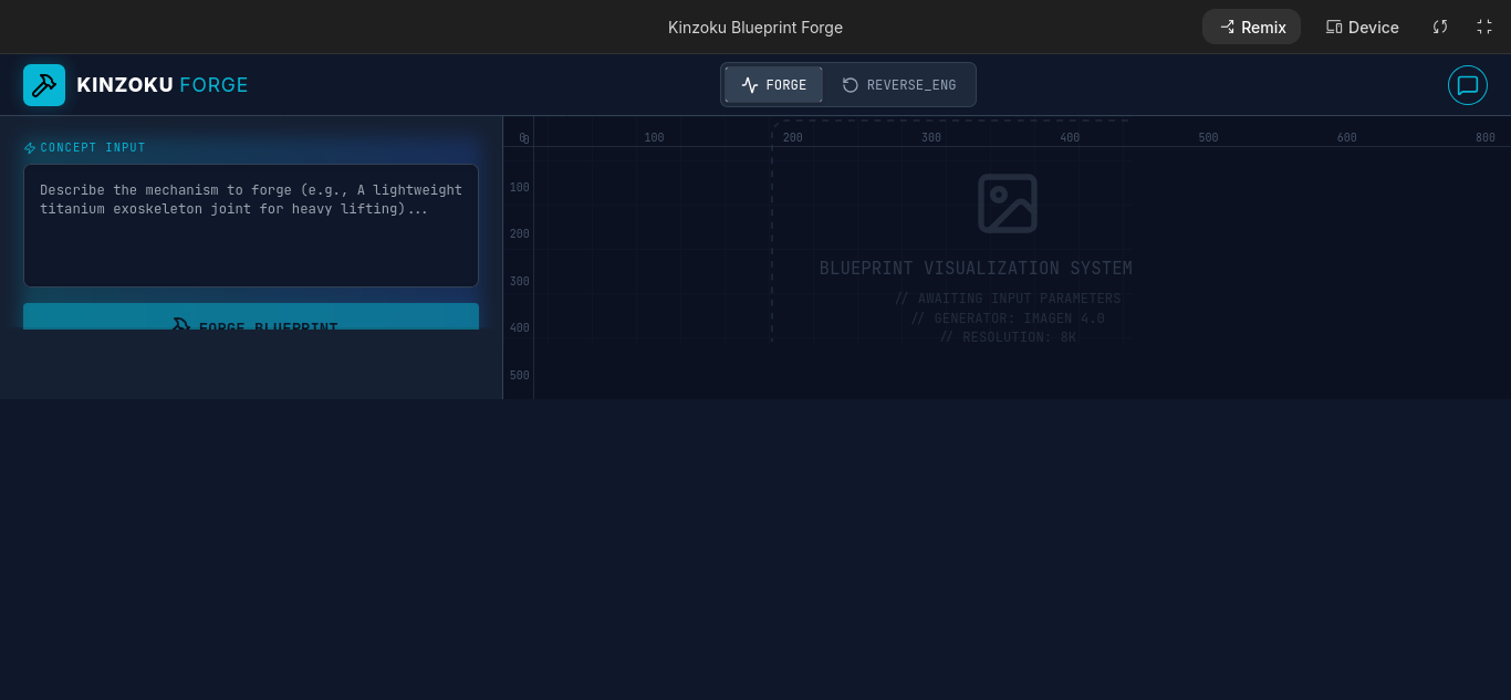 Kinzoku Blueprint Forge — Professional industrial prototyping tool. Built by Anas Masama using Next.js, React, Gemini, Imagen