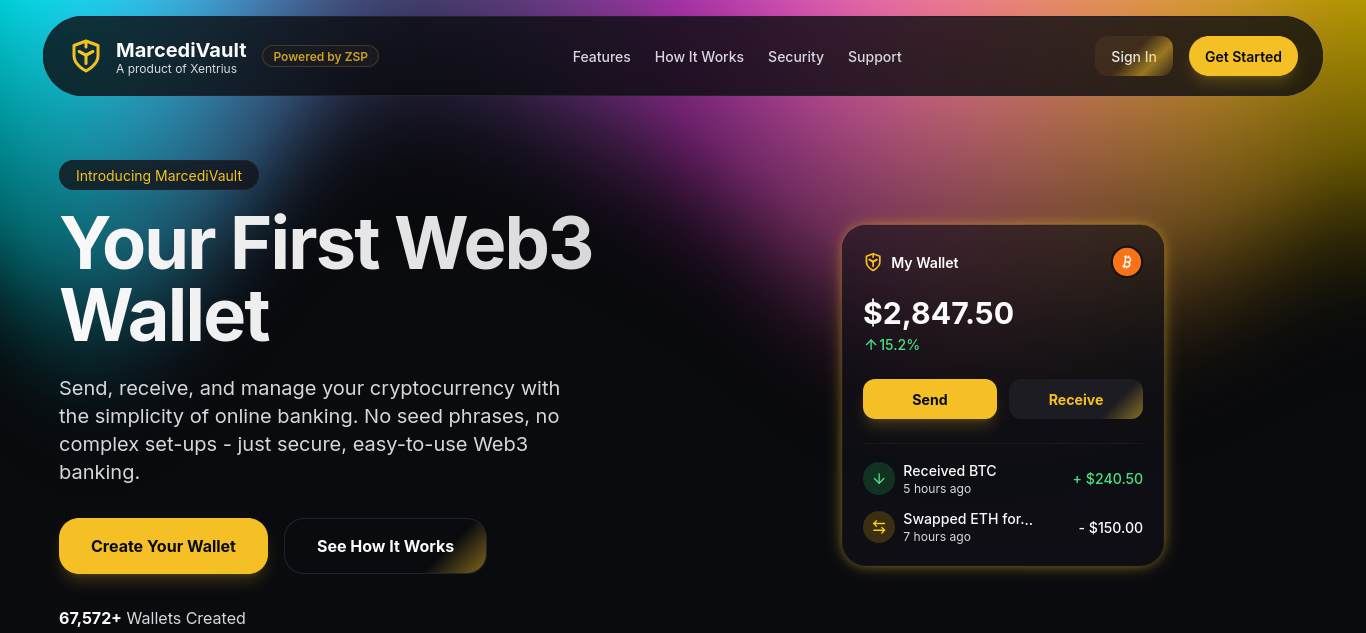 MarcediVault — Multi-chain custodial wallet frontend. Built by Anas Masama using Next.js, Web3, TypeScript, Tailwind