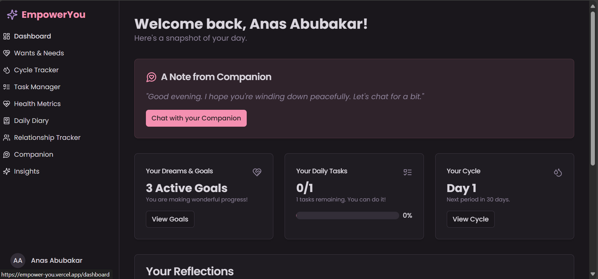 Empower-You — Personal AI Companion for Growth & Well-being. Built by Anas Masama using Next.js, TypeScript, Tailwind, ShadCN, Genkit, Recharts